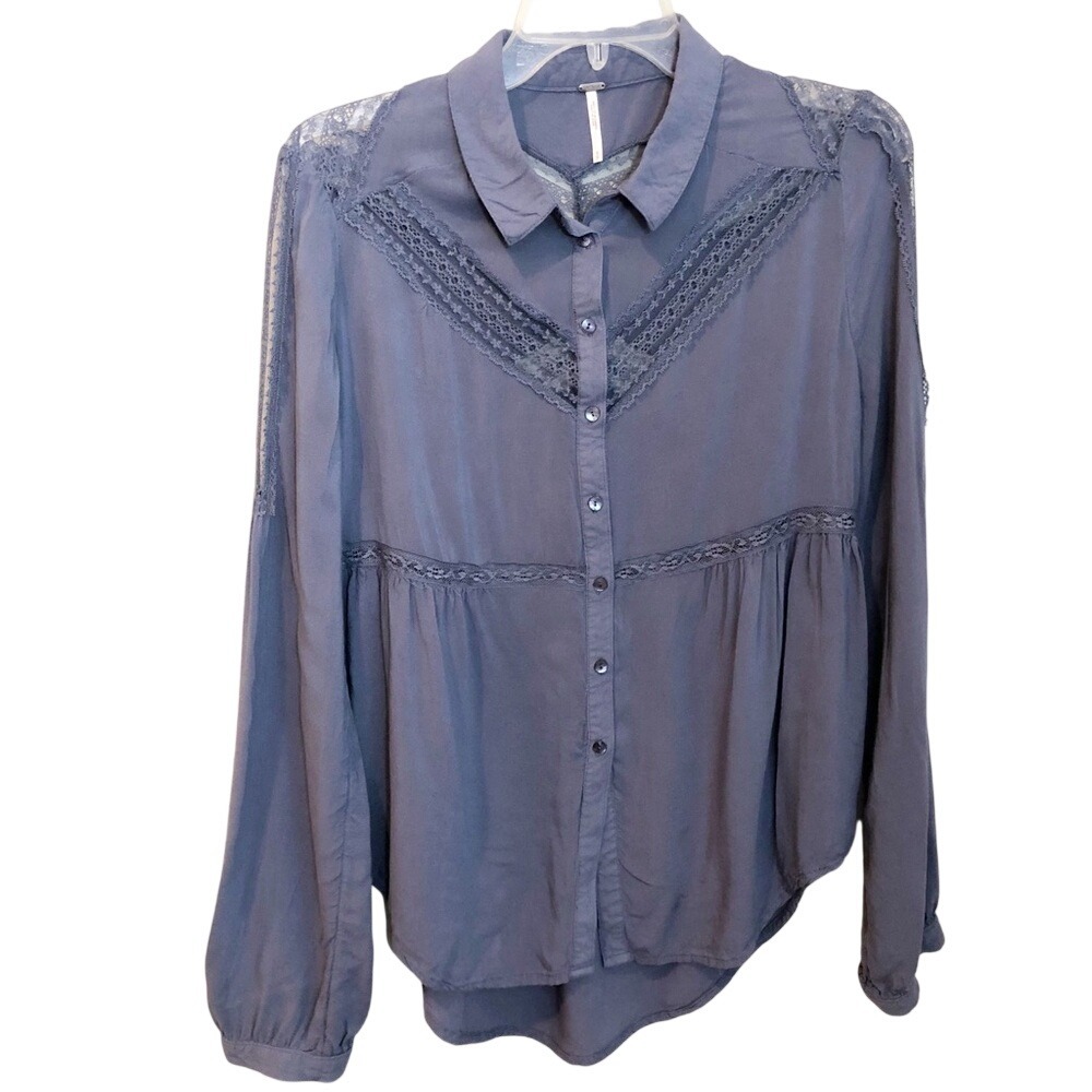 Free People Womens Blue Lace Trim Boho Button Down Babydoll Blouse Small